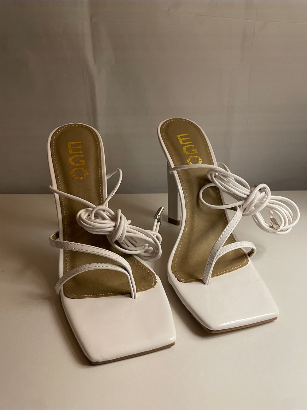 EGO White Patent Square-Toe Lace-Up Heeled Sandals